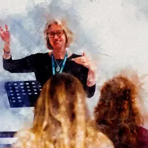Watercolour of Lucy Peppiatt teaching