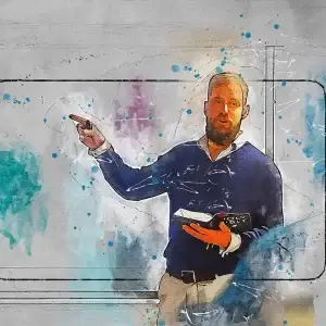 Watercolour image of Tobias Siegenthaler teaching with Bible