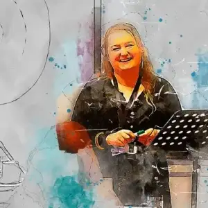 Watercolour of Joanna Williamson teaching, smiling