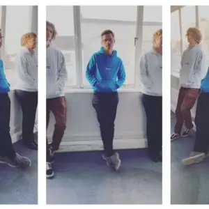 3 image collage of 3 people wearing WTC hoodies in grey and blue