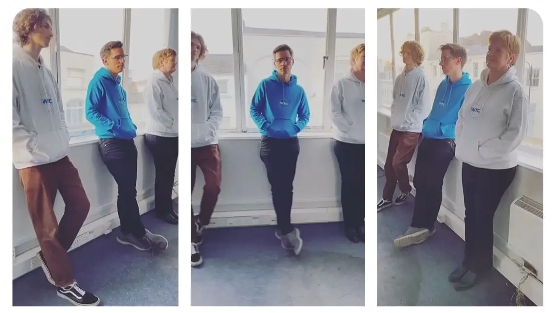 3 image collage of 3 people wearing WTC hoodies in grey and blue