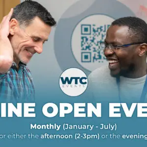 WTC Online Open Events 2025 image with two students smiling and event info